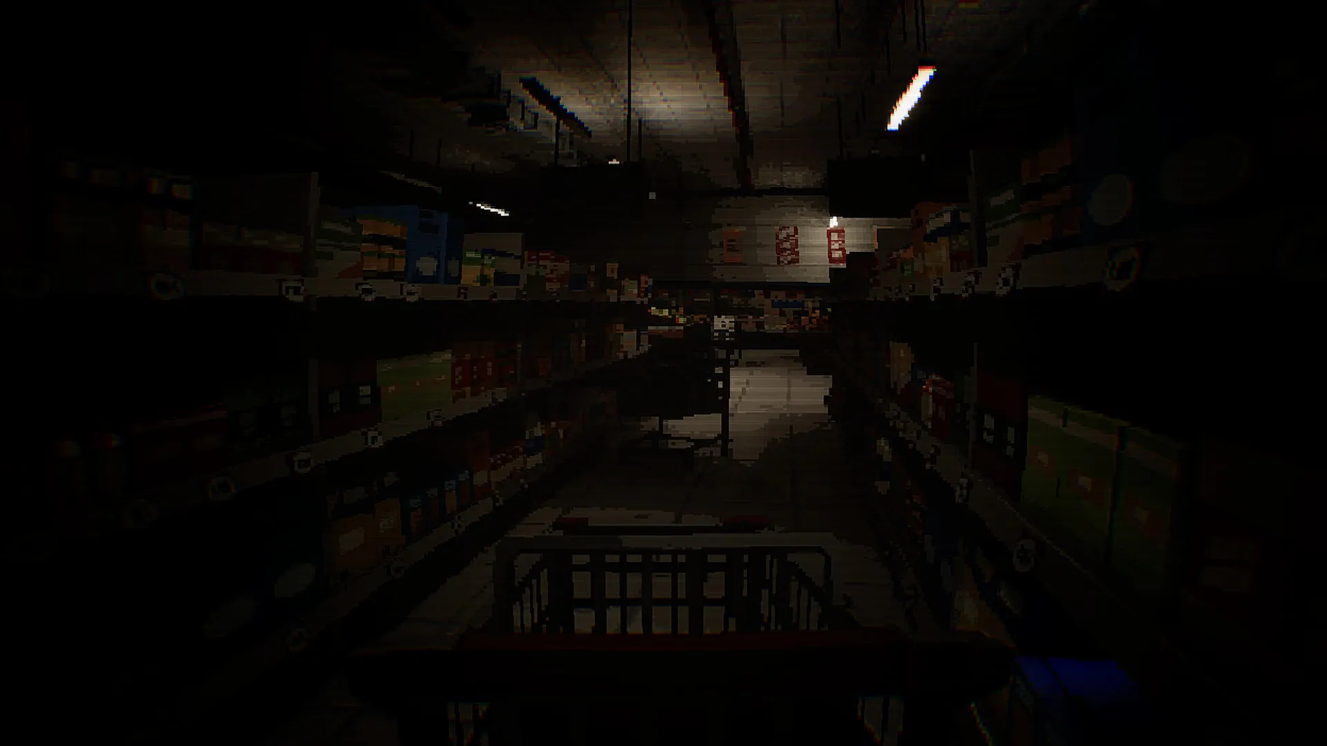 Dimly lit supermarket aisles stacked with stock.
