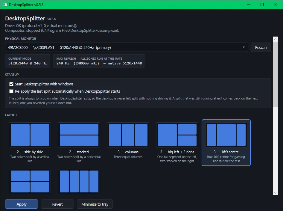 The DesktopSplitter window, showing a 5120×1440 240 Hz monitor and layout options including side by side, columns and a 16:9 centre split.