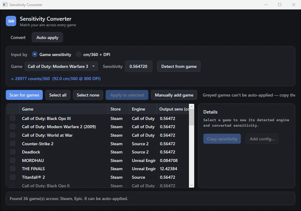 The Source2All Auto-apply tab, listing games found across Steam and Epic with each game's converted sensitivity.