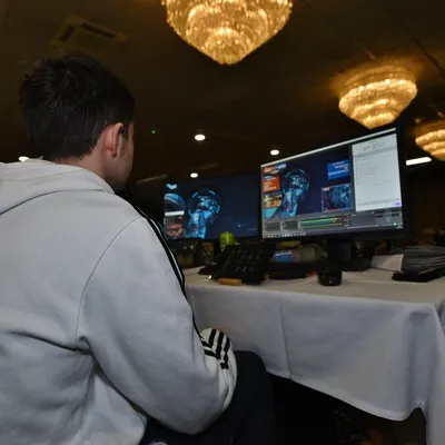 The broadcast desk at Duckman LAN 2022, with production monitors running the Echo Arena feed.