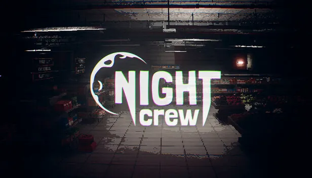 The Night Crew logo glowing over a dark, empty supermarket aisle.