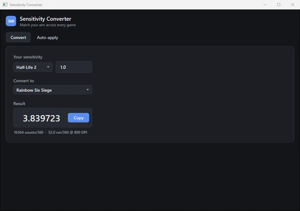 The Convert tab, turning a Half-Life 2 sensitivity of 1.0 into 3.839723 for Rainbow Six Siege.