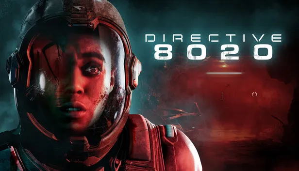 Directive 8020 key art — an astronaut's blood-streaked face lit red inside a cracked helmet.
