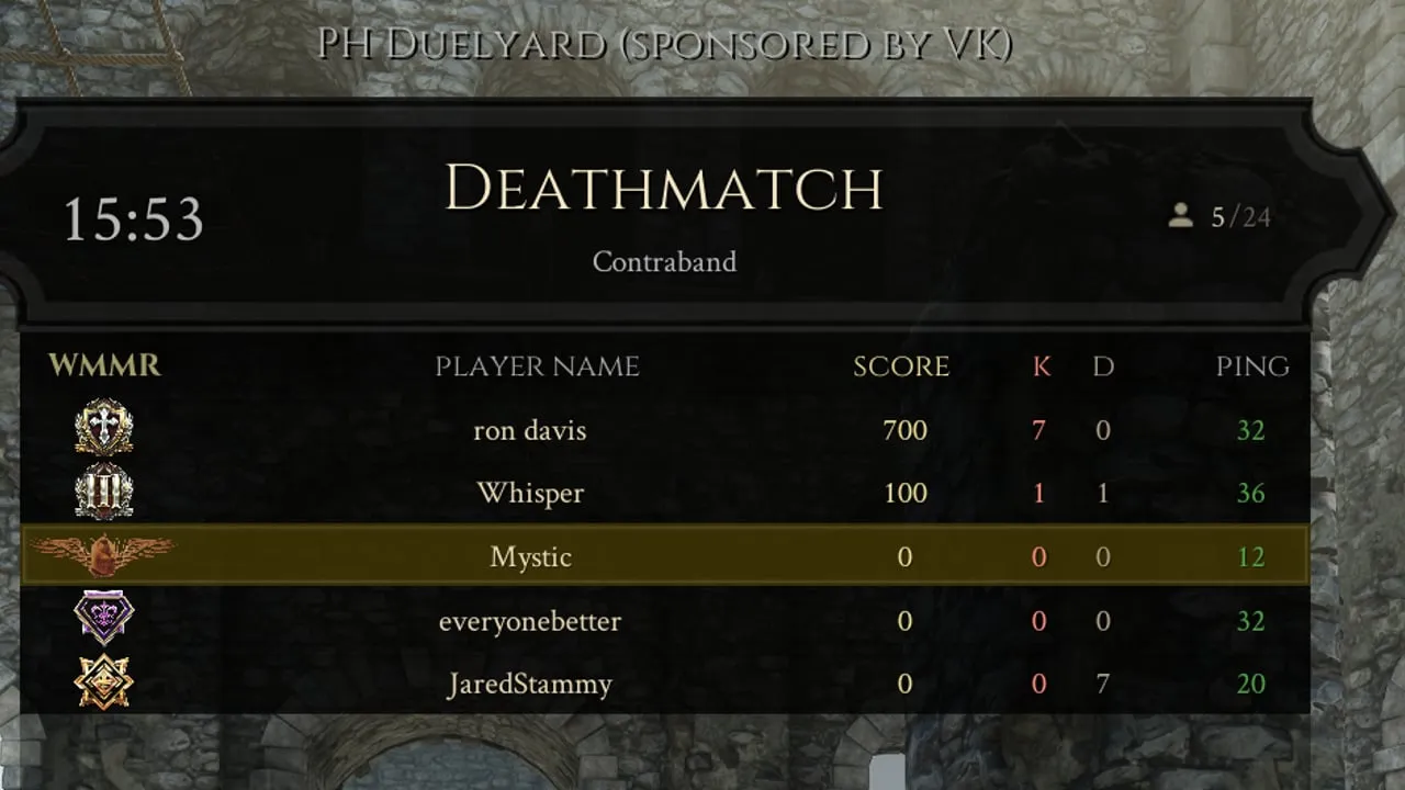 A MORDHAU scoreboard showing WMMR rank badges next to player names.