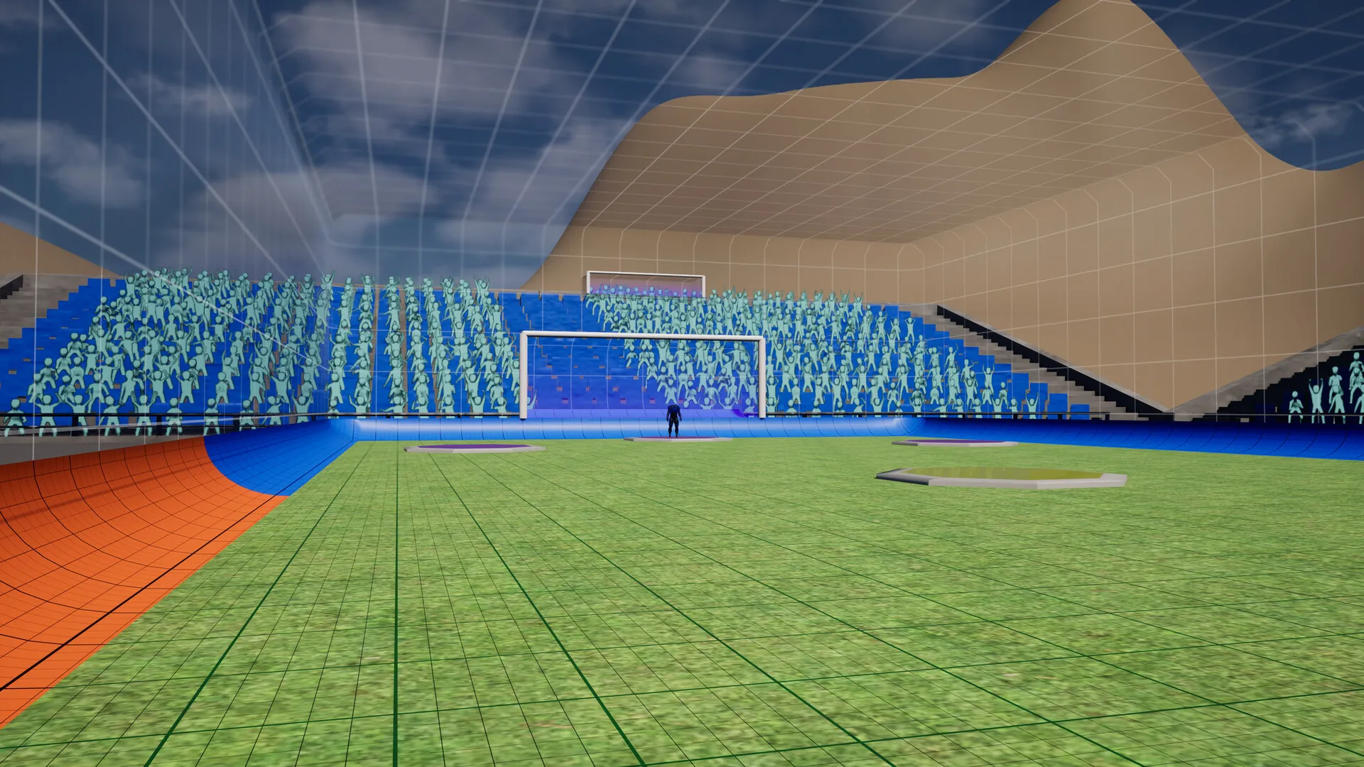 The desert stadium in daylight, seen from the corner of the pitch.
