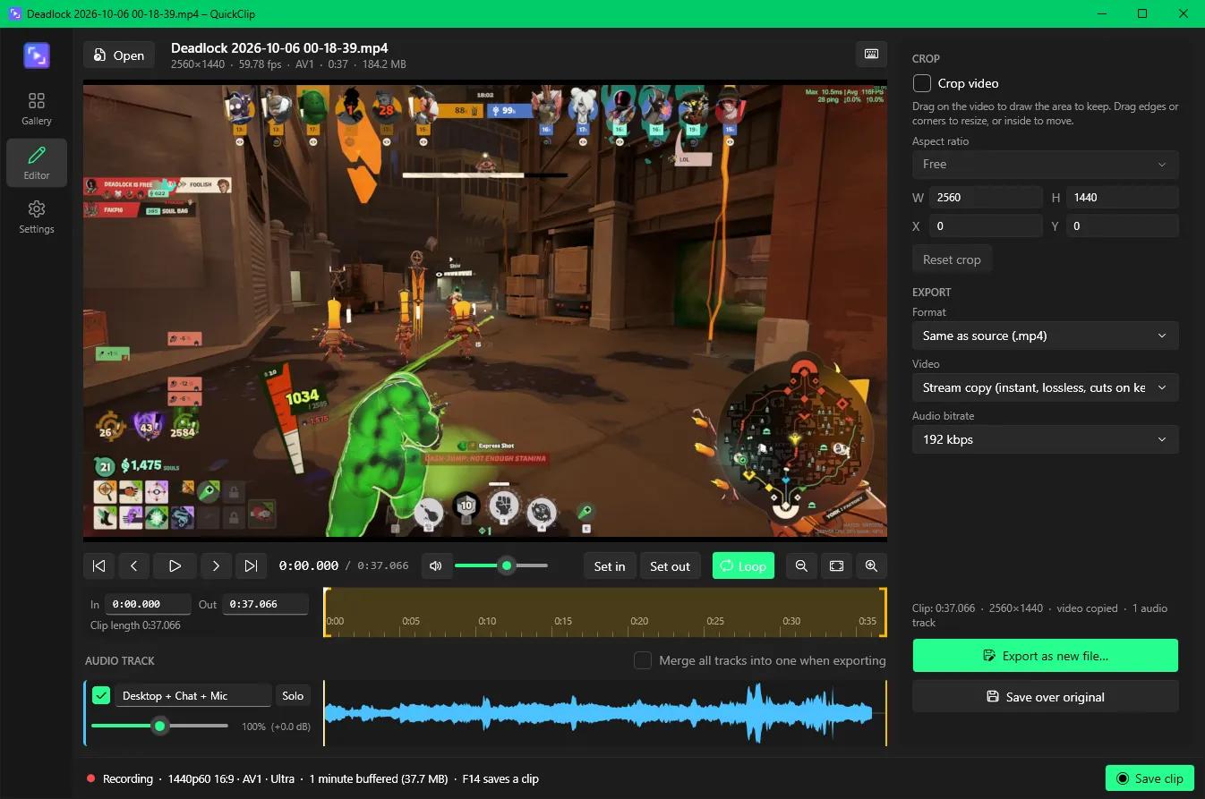 The QuickClip editor with a Deadlock clip loaded, showing the trim timeline, audio waveform, crop and export settings.