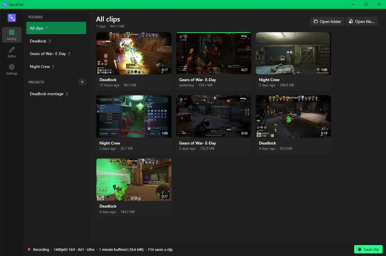 The QuickClip gallery, with recent clips sorted into Deadlock, Gears of War and Night Crew folders, and the instant-replay status bar.