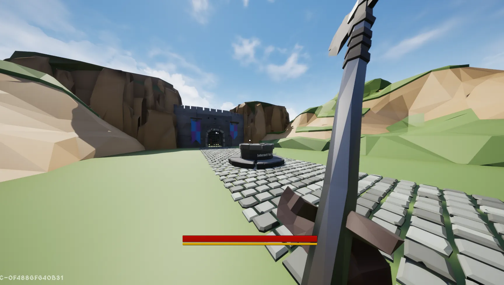 First-person view holding a sword in a low-poly courtyard, with a health bar.