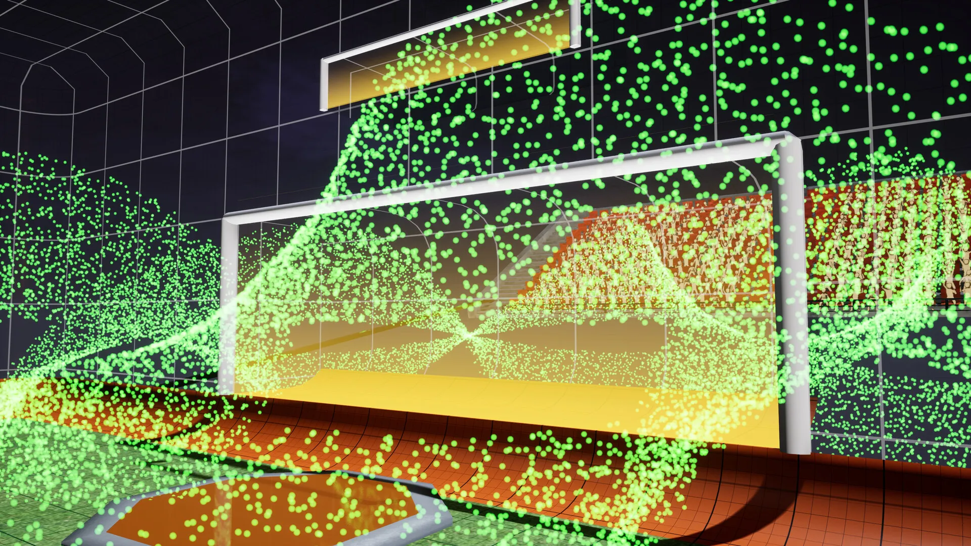 A green particle goal explosion pouring across the front of the stadium goal.