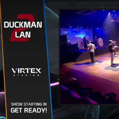 The "Duckman 2 LAN — show starting in" holding screen from the broadcast package.