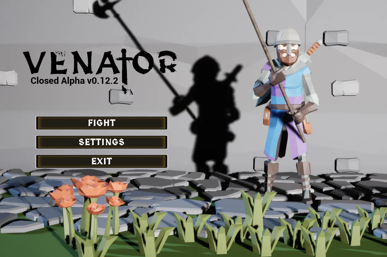 The VENATOR closed alpha main menu, with a knight standing among flowers.