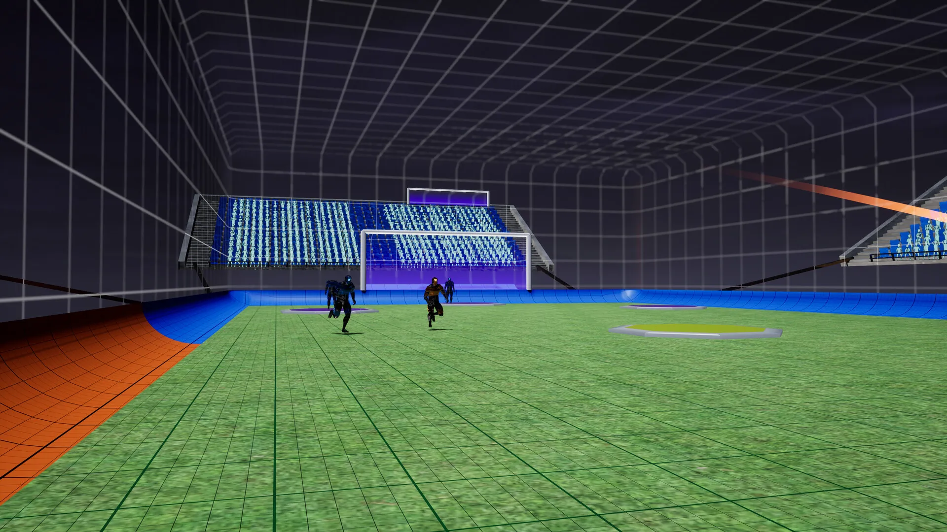 Players running down the pitch towards the goal and stands.