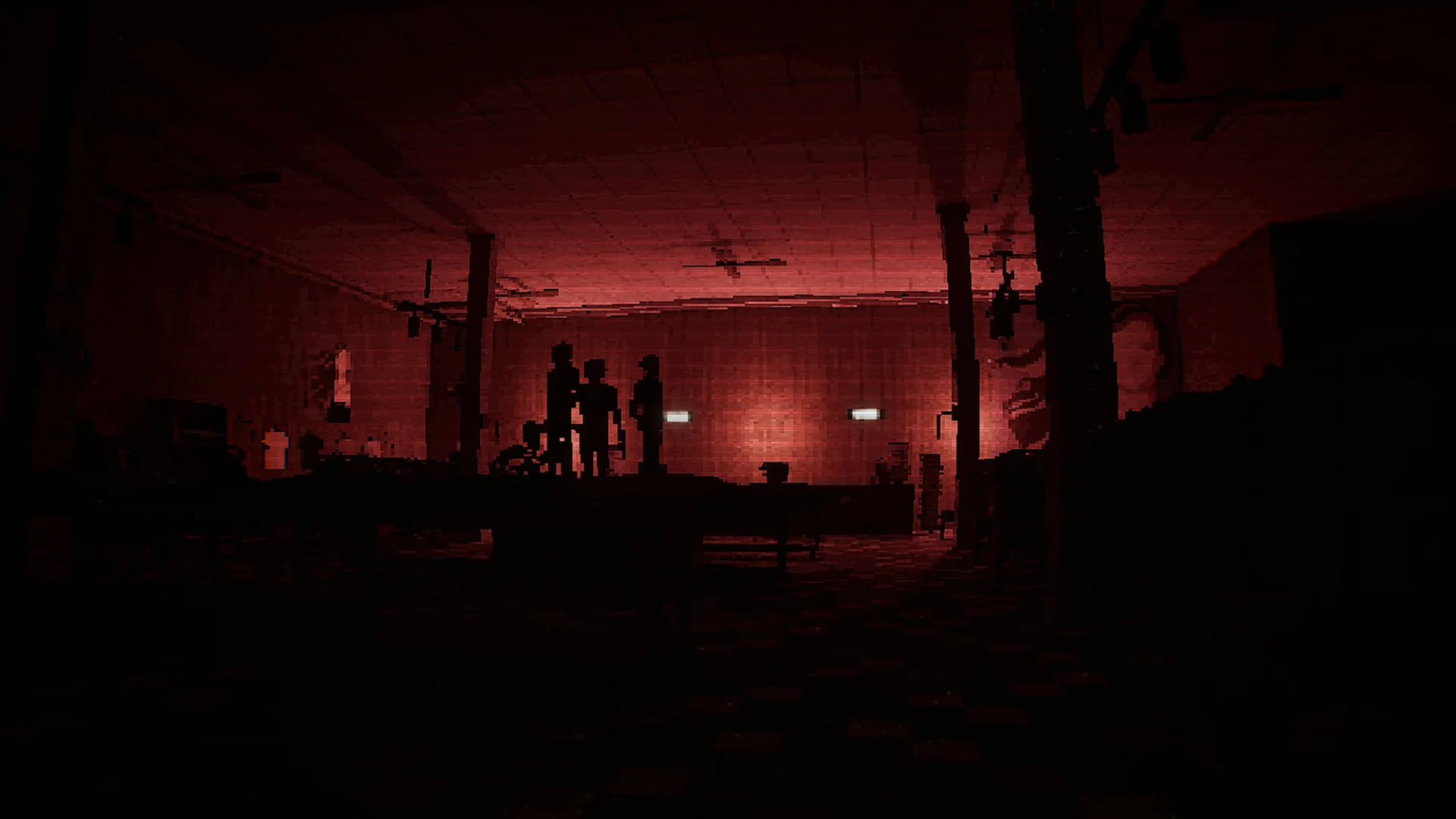 Silhouetted figures in a hallway bathed in red light.