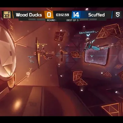 An Echo Arena match on stream with the scorebug overlay showing team names, score and clock.