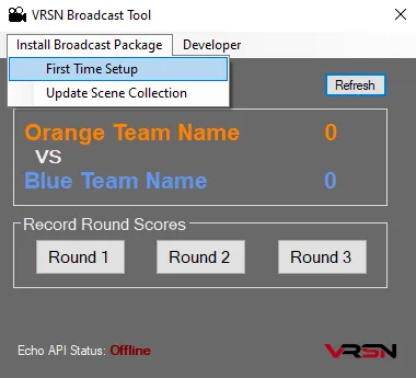 The VRSN Broadcast Tool window, showing team names, scores and round score buttons.