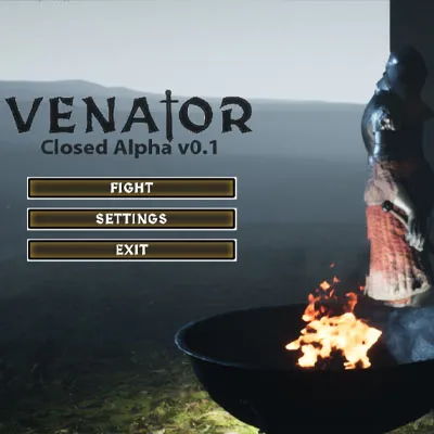 An earlier VENATOR main menu with a knight beside a brazier.