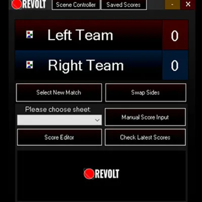 The Revolt control panel, with team names, scores, match selection and a score editor.