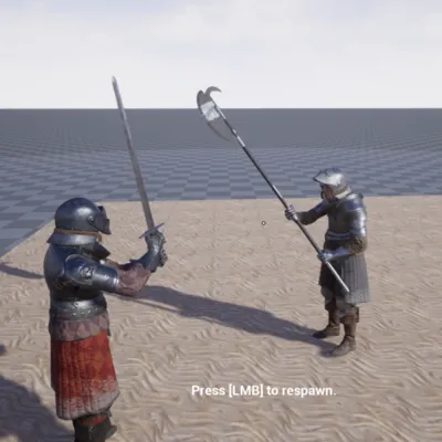Two armoured knights squaring off with a sword and a halberd in a test arena.