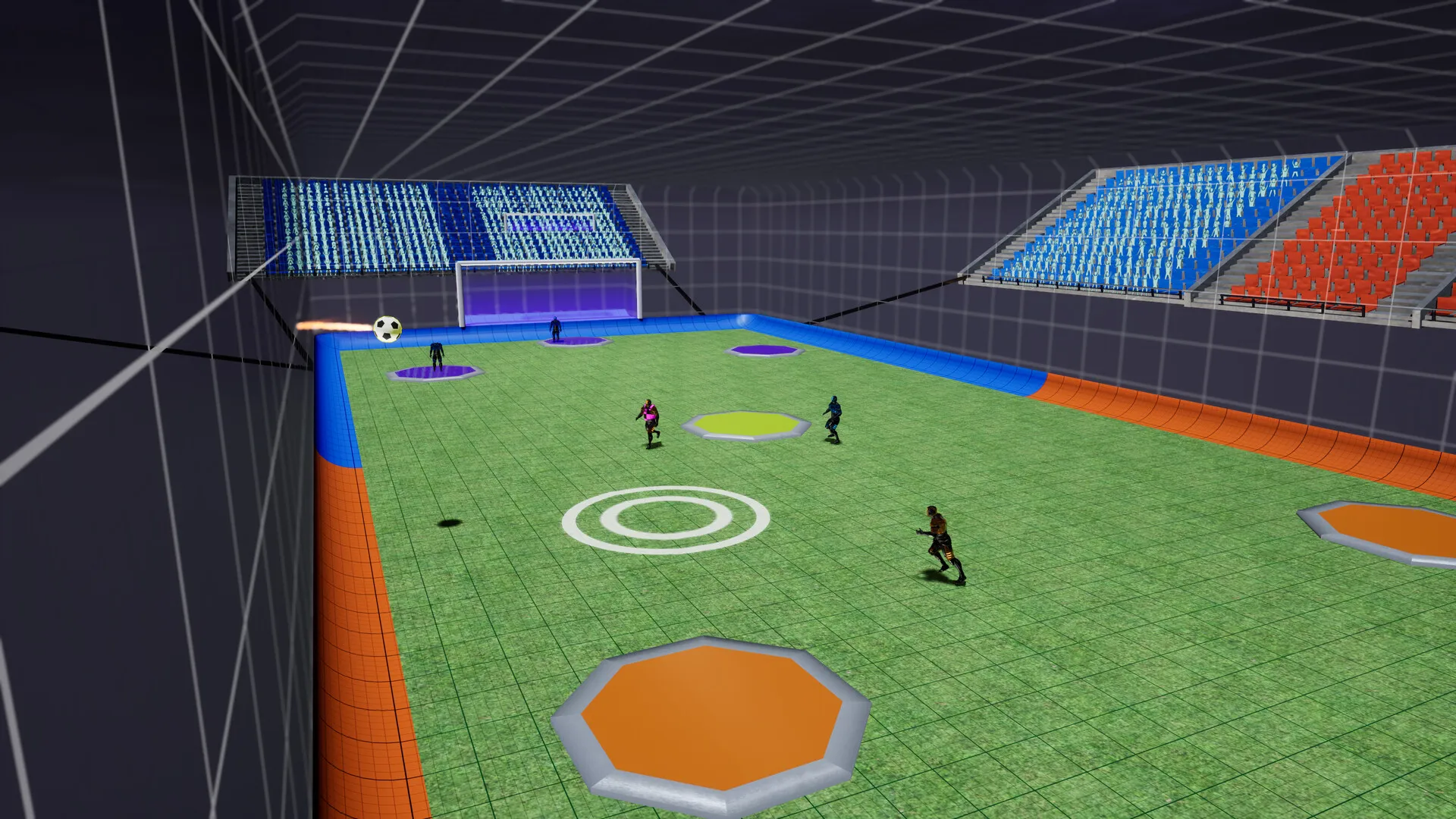A high view down the length of the stadium, with players spread across the pitch.