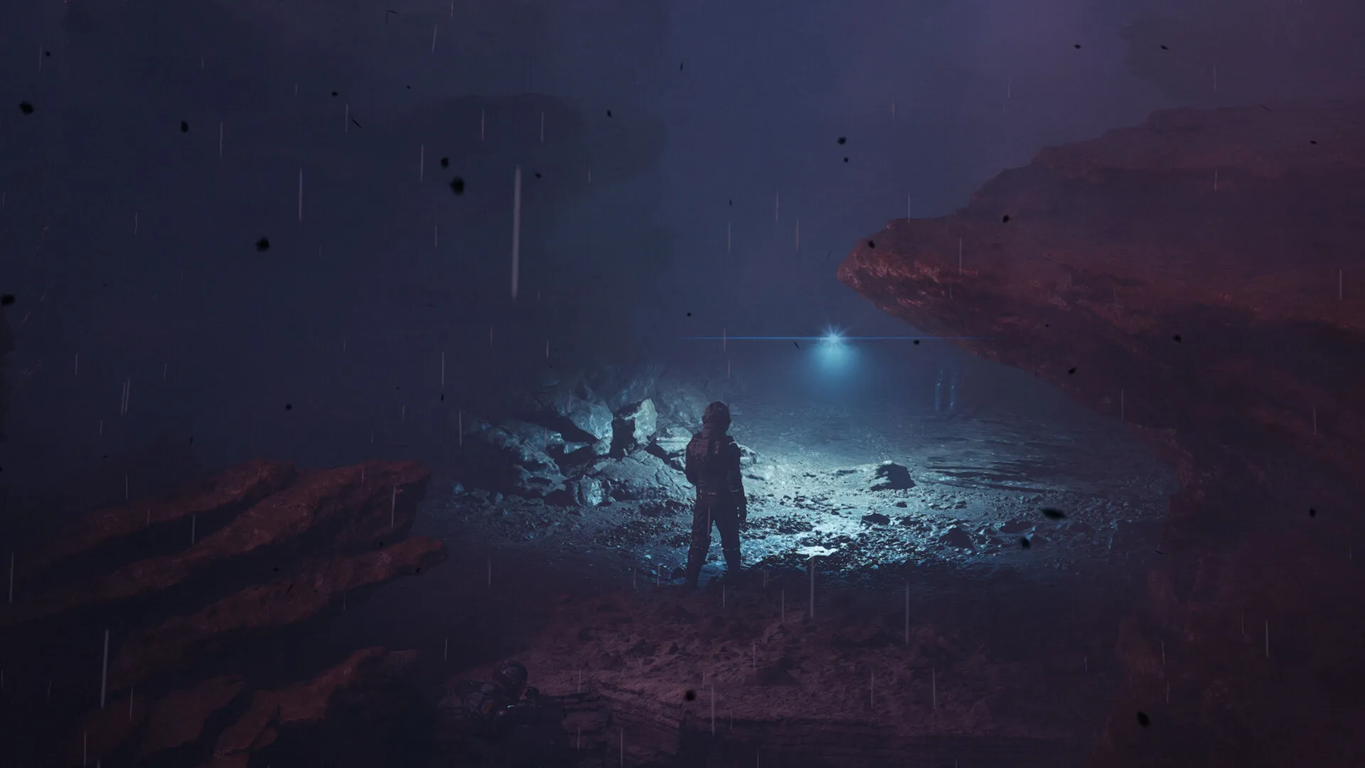 A lone figure with a torch on the surface of Tau Ceti f.