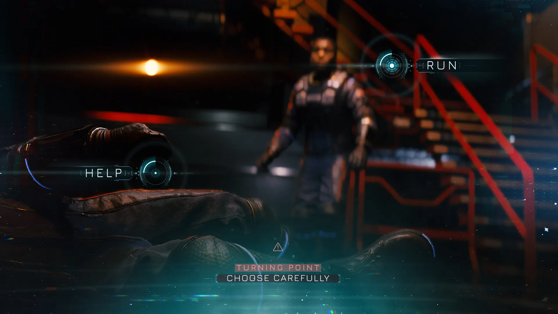 A Turning Point choice screen offering "Help" or "Run".