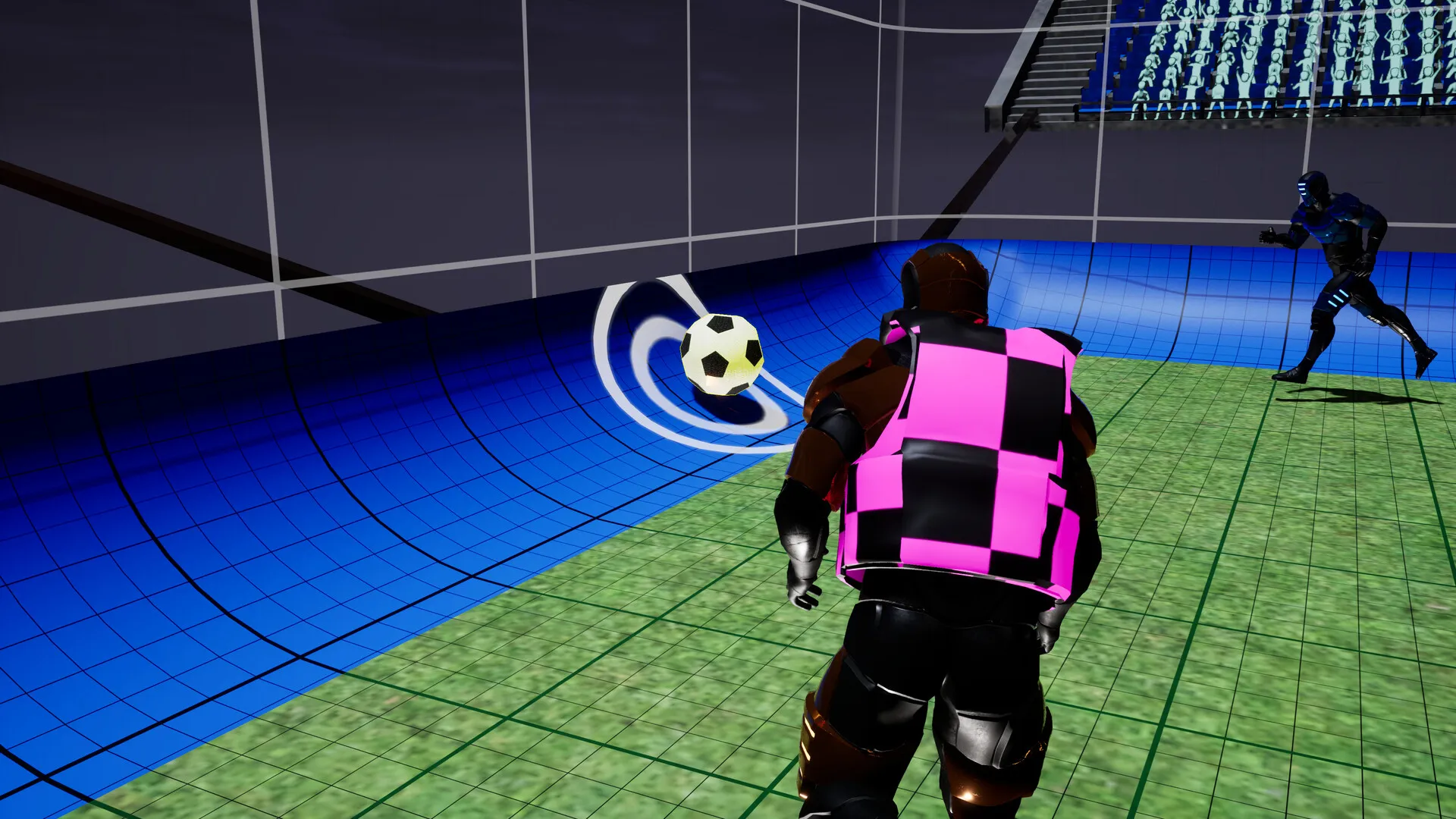A player in a pink checked vest running at the ball as it rolls along the curved wall, with an opponent close behind.