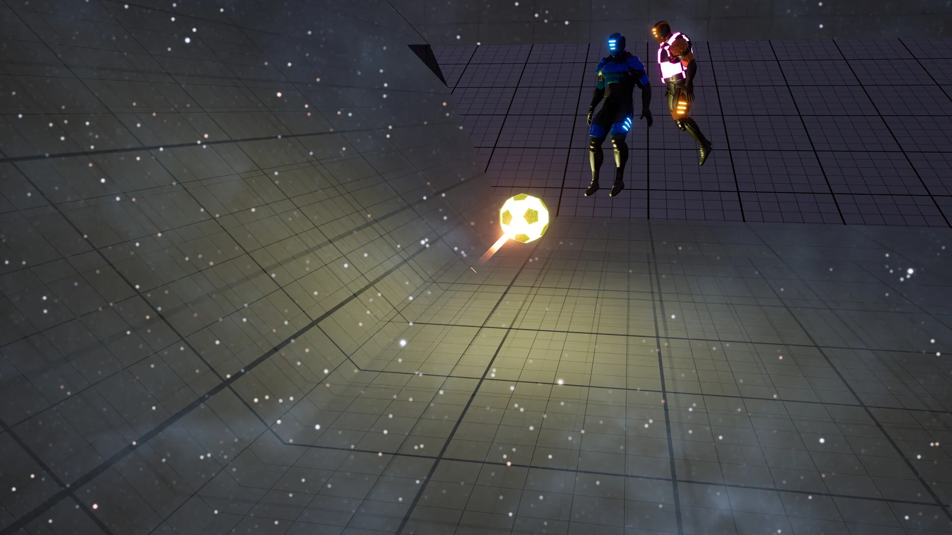 Two players floating beside the glowing ball against a starry sky.