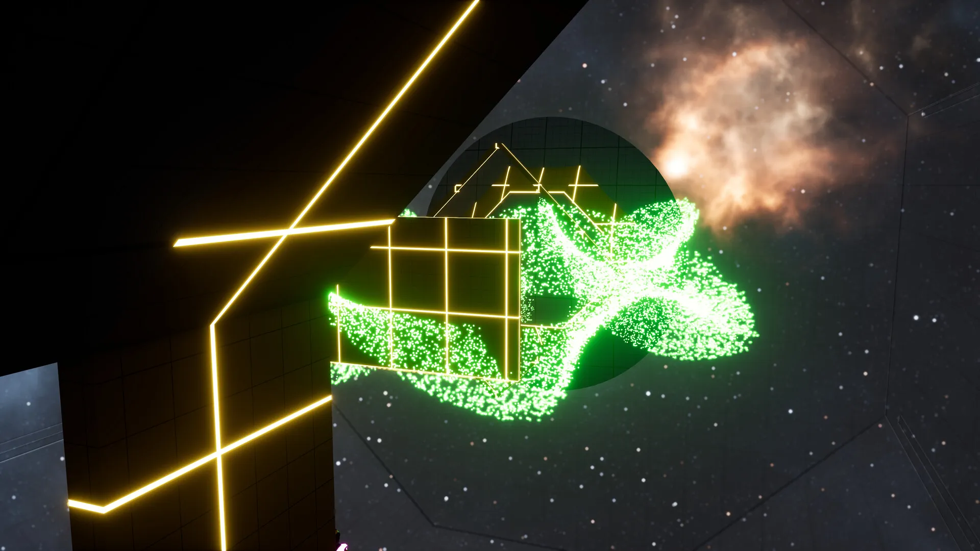 A green particle goal explosion bursting out of the Zero G goal.