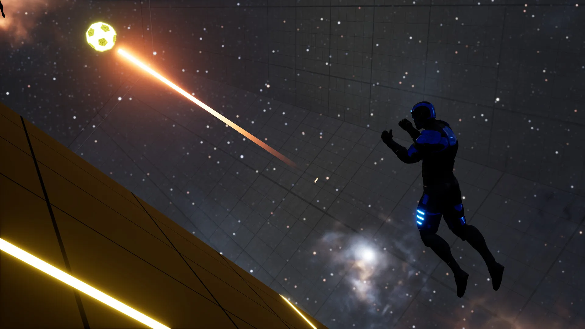 A player in blue armour floating through space as the ball streaks past.