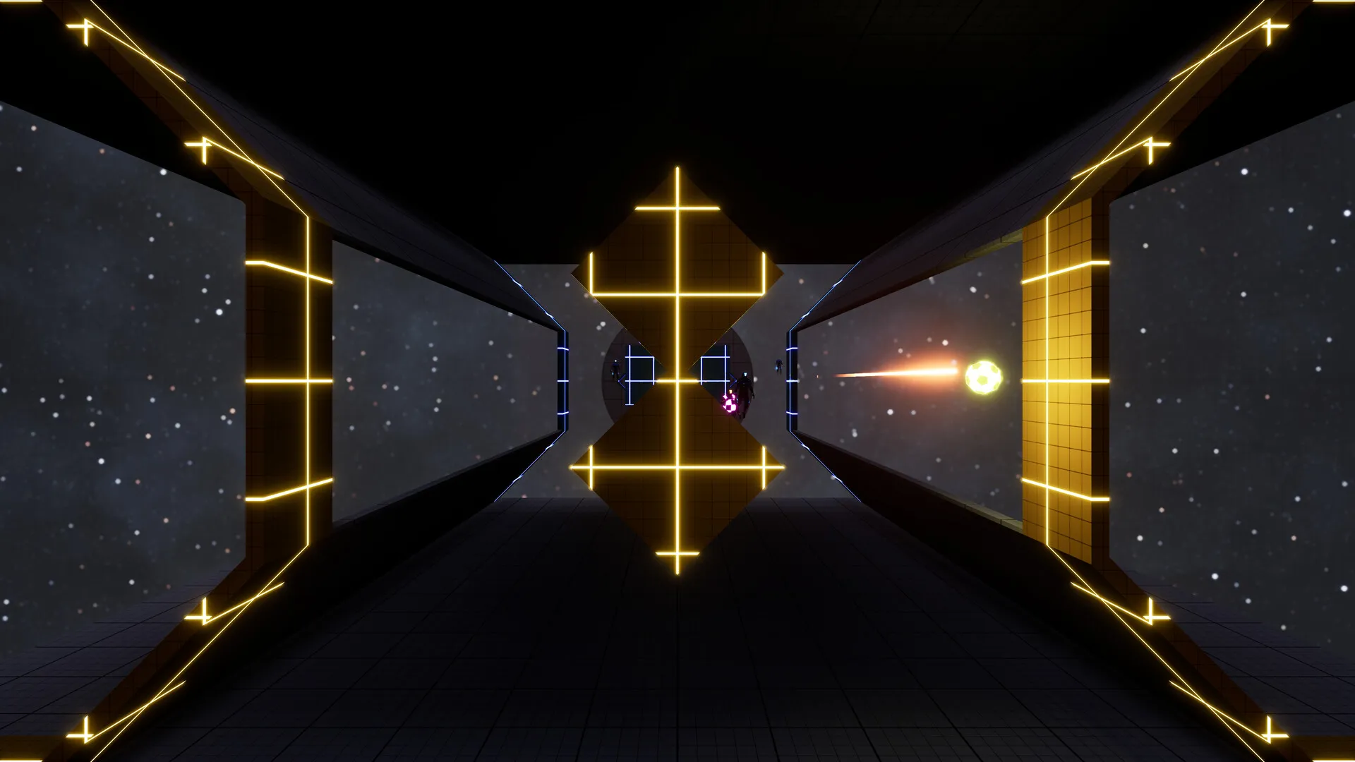 Looking down a glowing tunnel in the Zero G arena as the ball flies through it.