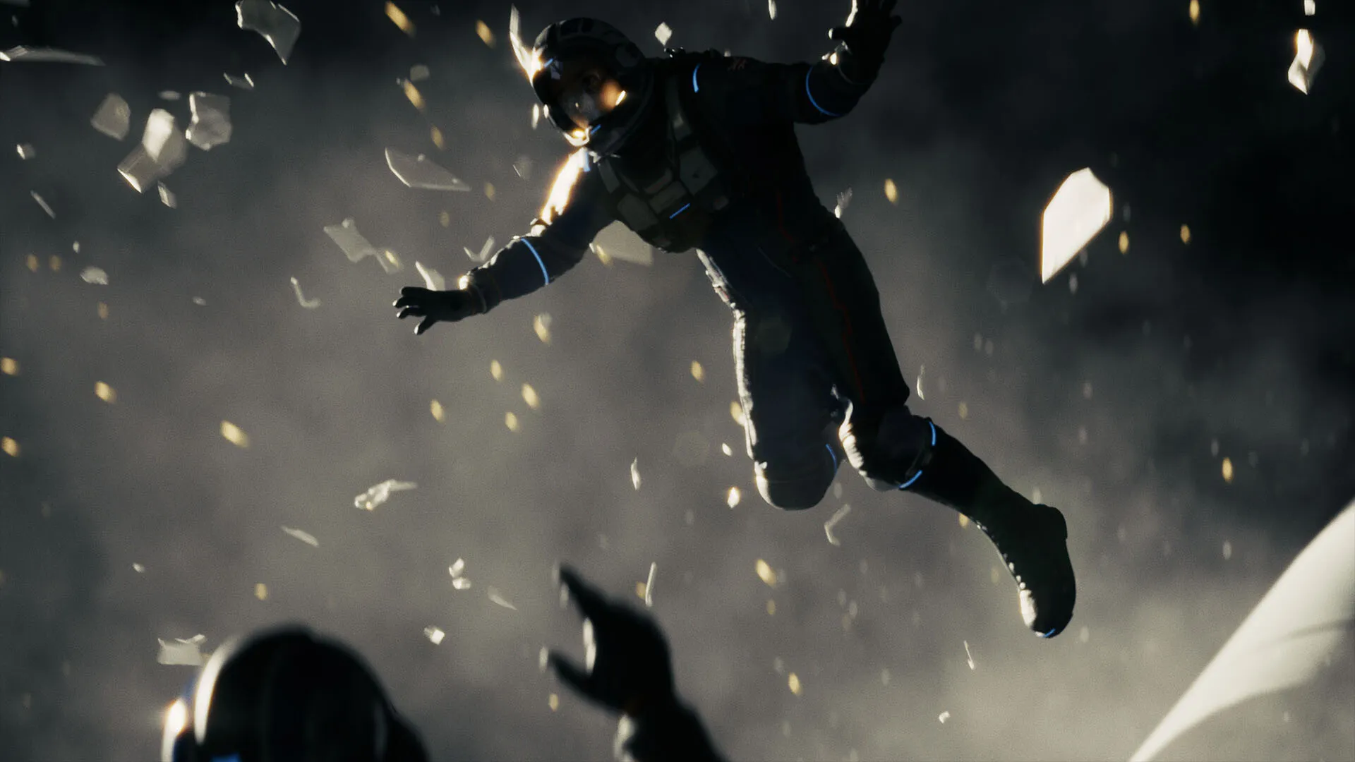 An astronaut tumbling through zero gravity amid debris.